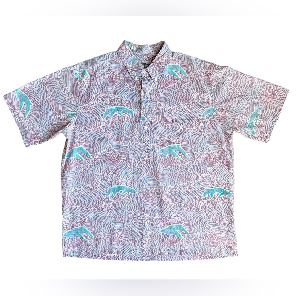 Reyn Spooner Vintage Hawaiian Shirt Dolphin Print Mens Size XL 3/4 Button Down